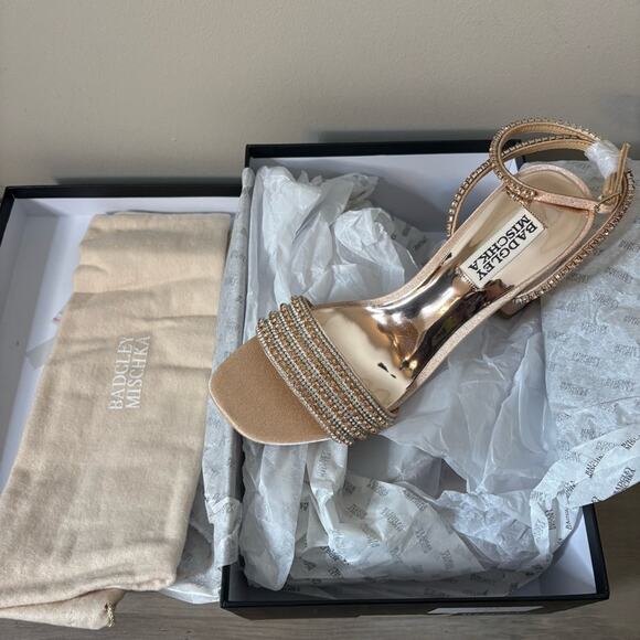 New! Badgley Mishka Becca Strappy Block Heel Rhinestone Bridal Prom Size 6.5 - Picture 5 of 6